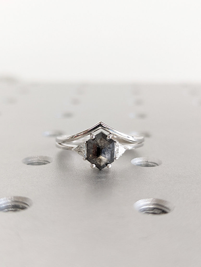 Raw Diamond Hexagon Triangle Diamond, Salt and Pepper, Plain Unique Bridal Engagement Set, Rose Cut Geometric Diamond Ring, Custom Handmade