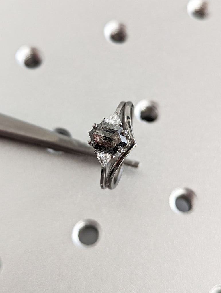 Raw Diamond Hexagon Triangle Diamond, Salt and Pepper, Plain Unique Bridal Engagement Set, Rose Cut Geometric Diamond Ring, Custom Handmade