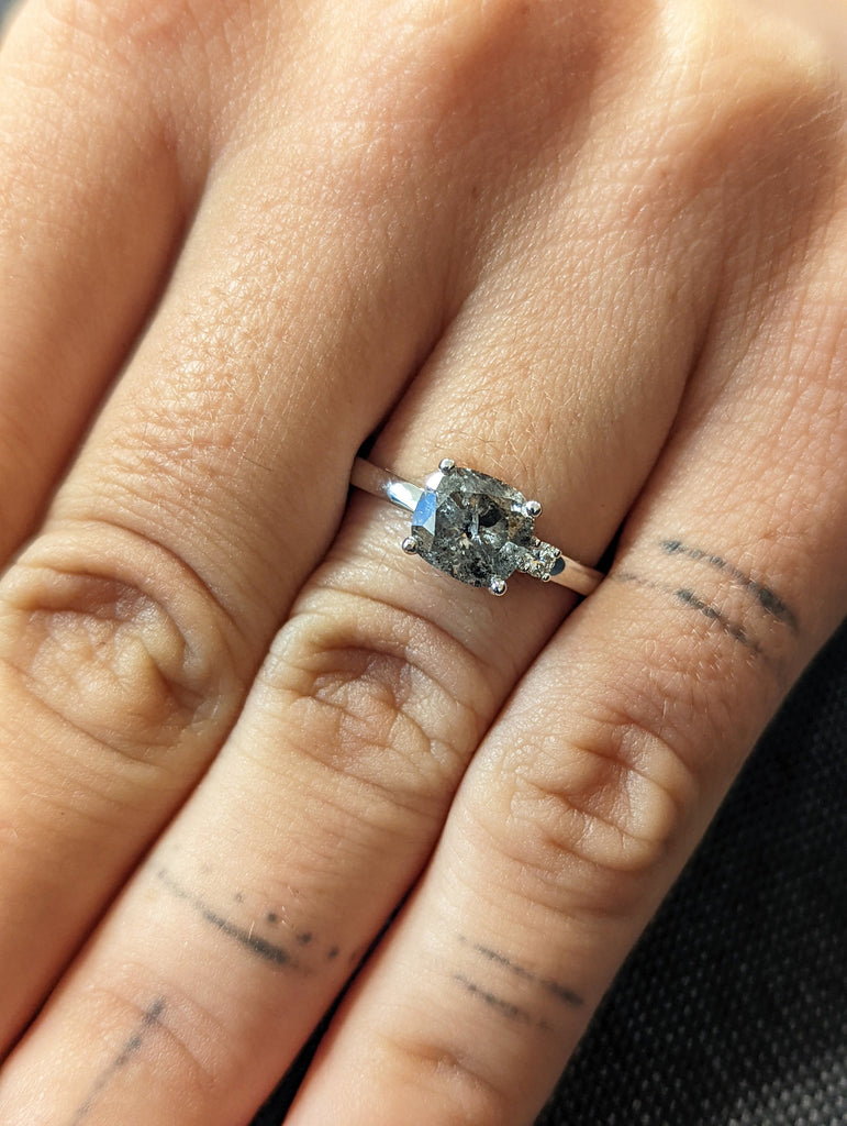 Salt And Pepper Cushion Diamond Ring 14K Solid Rose White Yellow Gold Ring Engagement Wedding Gift Ring, Multi stone Anniversary, 2 stone