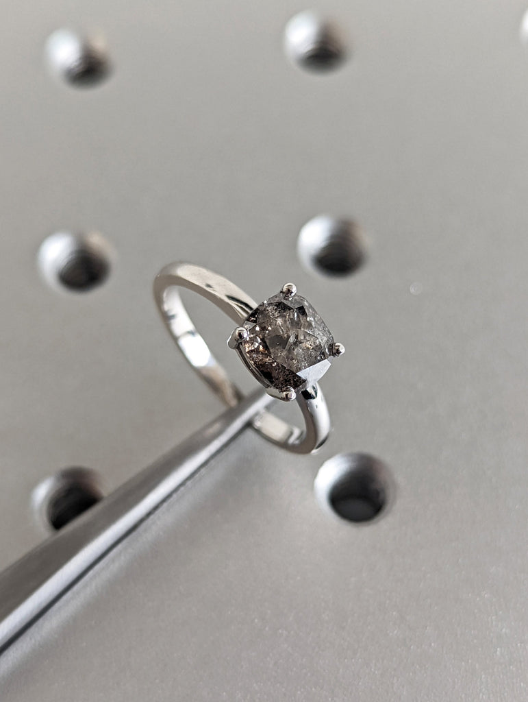 1920's Raw Salt and Pepper Diamond, Rose Cut Cushion Diamond Ring, Unique Engagement, Black, Gray Pear, 14k Yellow, Rose, or White Gold