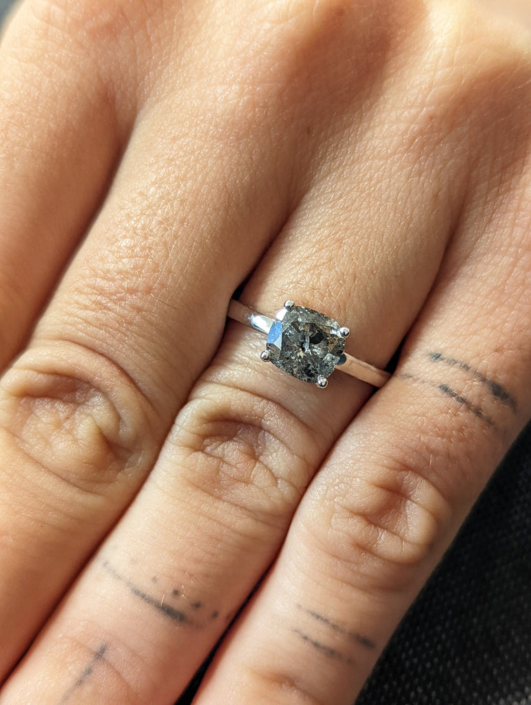 1920's Raw Salt and Pepper Diamond, Rose Cut Cushion Diamond Ring, Unique Engagement, Black, Gray Pear, 14k Yellow, Rose, or White Gold