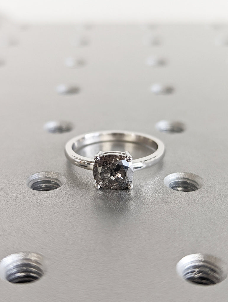 1920's Raw Salt and Pepper Diamond, Rose Cut Cushion Diamond Ring, Unique Engagement, Black, Gray Pear, 14k Yellow, Rose, or White Gold