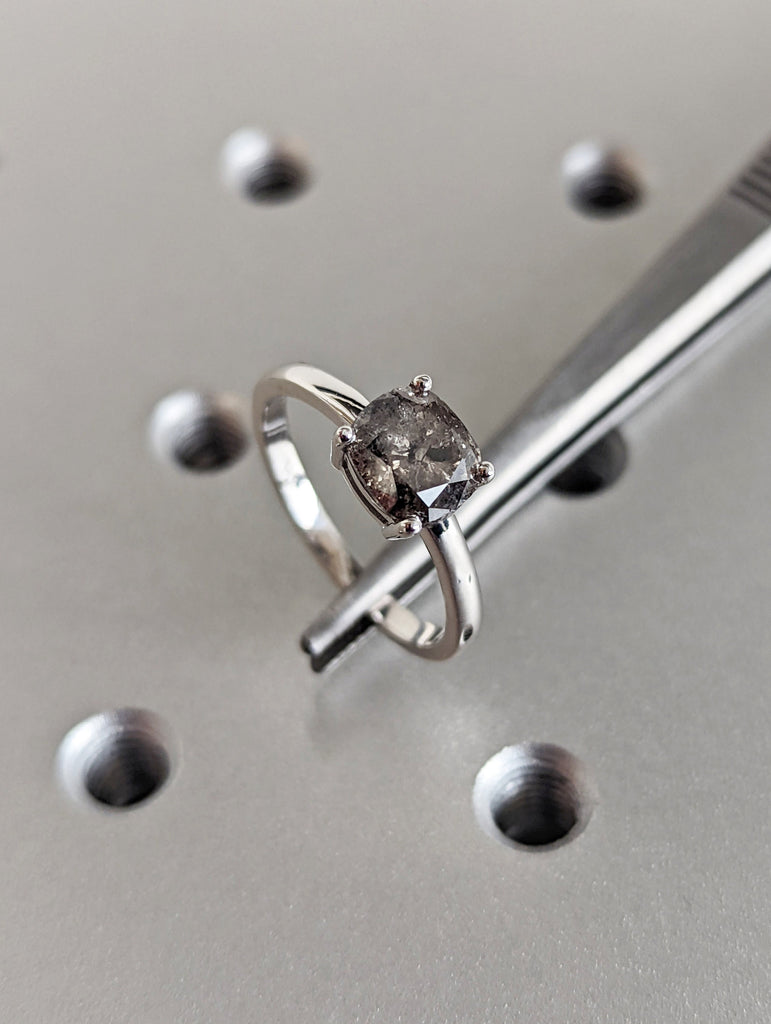 1920's Raw Salt and Pepper Diamond, Rose Cut Cushion Diamond Ring, Unique Engagement, Black, Gray Pear, 14k Yellow, Rose, or White Gold