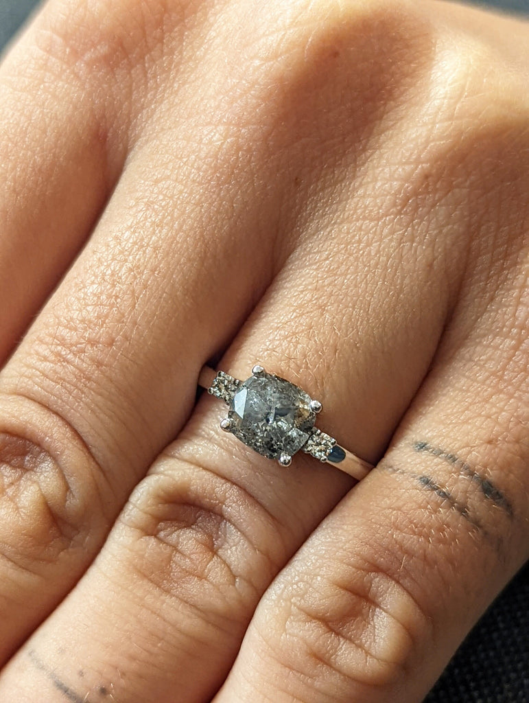 Salt And Pepper Diamond Cushion Ring, Salt And Pepper Diamond Vintage Engagement Ring, Vintage Cushion Ring, Raw Diamond Ring, Raw Cushion