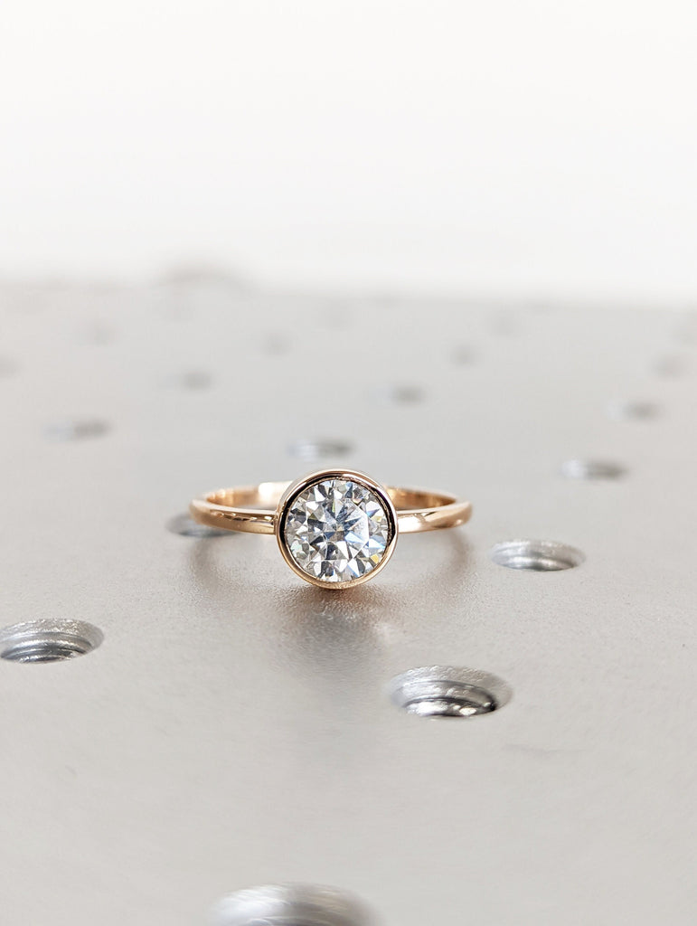 1ct Solitaire Ring, Simple Engagement Ring 14K Rose Gold Bezel Set Moissanite Ring, Round cut Moissanite Engagement Ring, Promise Ring