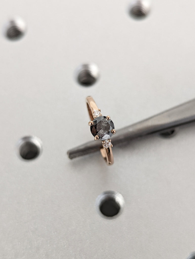 Raw Diamond, Salt and Pepper, Round Cut, Unique Engagement Ring, Rose Cut Geometric Diamond Ring, 14k Gold, Custom Handmade