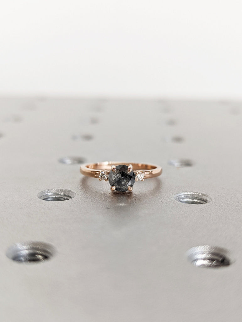 Raw Diamond, Salt and Pepper, Round Cut, Unique Engagement Ring, Rose Cut Geometric Diamond Ring, 14k Gold, Custom Handmade
