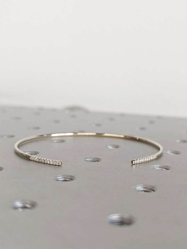 Diamond open bangle in solid gold, Solid Gold open cuff bracelet with diamonds or moissanites, Timeless Diamond bar bracelet, Birthday gift