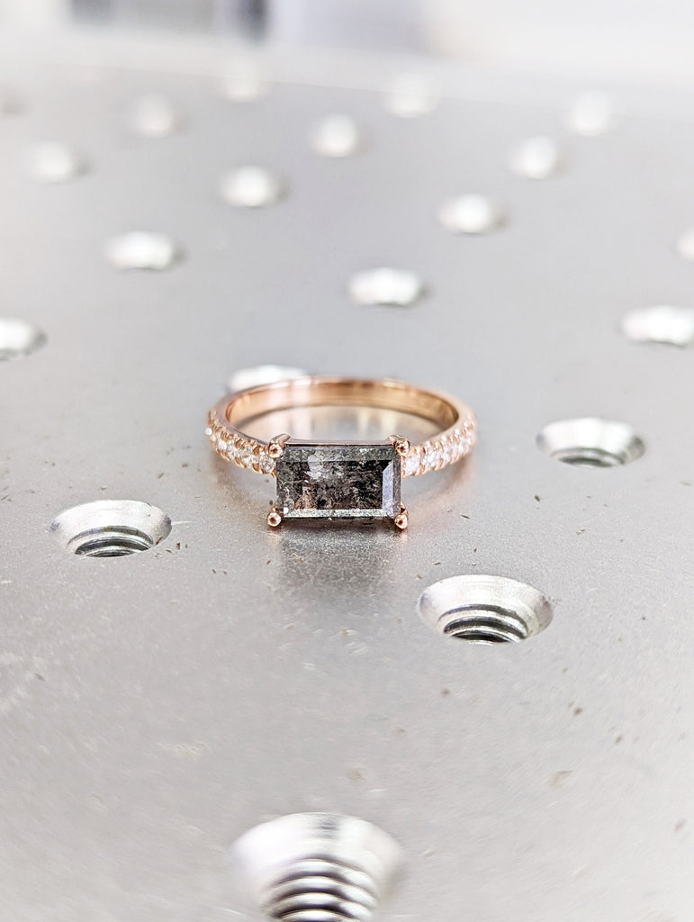 Raw Diamond, Salt and Pepper, Baguette, Unique Engagement Ring, Bridal Set, Rose Cut Geometric Diamond Ring, 14k Gold, Custom Handmade