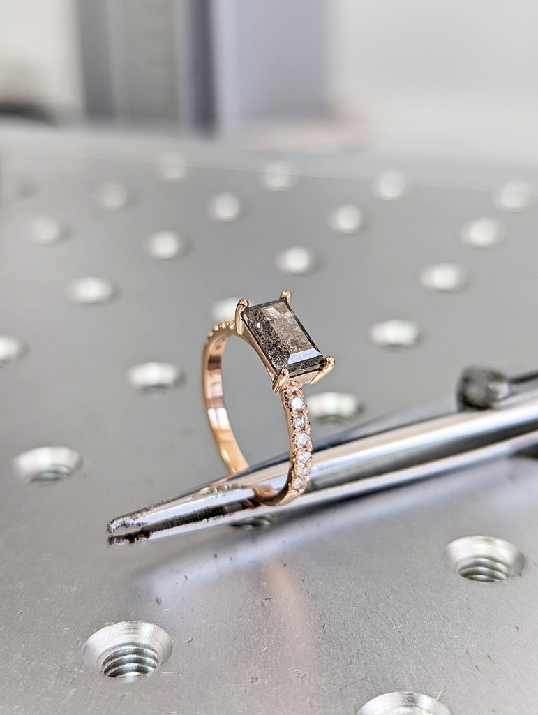 Raw Diamond, Salt and Pepper, Baguette, Unique Engagement Ring, Bridal Set, Rose Cut Geometric Diamond Ring, 14k Gold, Custom Handmade