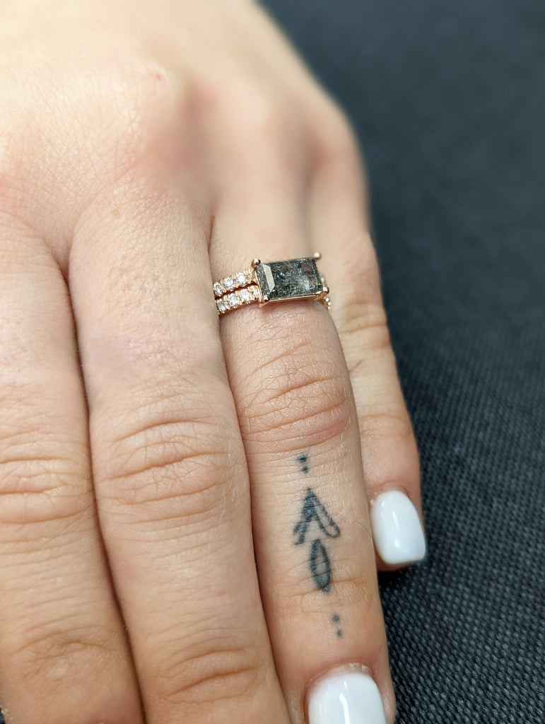 Raw Diamond, Salt and Pepper, Baguette, Unique Engagement Ring, Bridal Set, Rose Cut Geometric Diamond Ring, 14k Gold, Custom Handmade