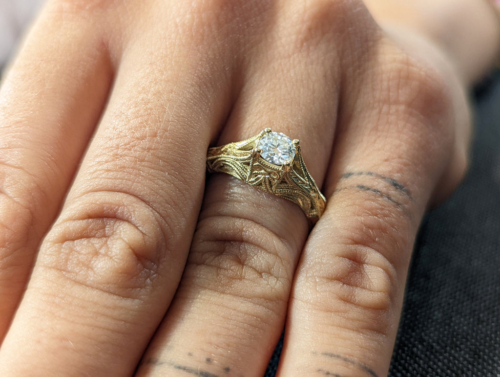 Vintage moissanite engagement ring 14k yellow gold Art deco wedding ring moissanite Vintage Filigree Ring engagement anniversary promise