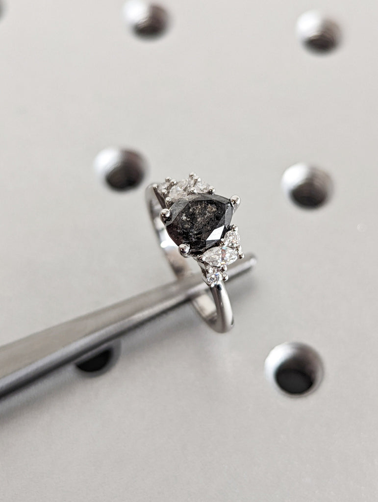 1.25ct Raw Salt and Pepper Diamond, Pear Diamond Ring, Unique Engagement Bridal Ring, Black, Gray Pear, 14k Yellow, Rose, or White Gold