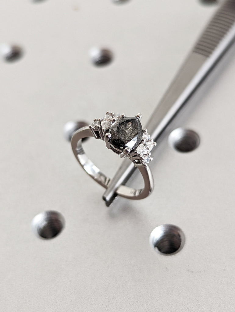 1.25ct Raw Salt and Pepper Diamond, Pear Diamond Ring, Unique Engagement Bridal Ring, Black, Gray Pear, 14k Yellow, Rose, or White Gold