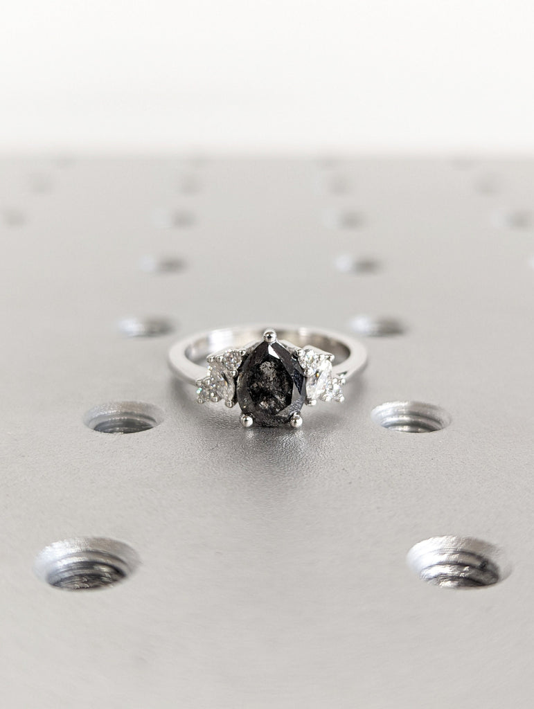 1.25ct Raw Salt and Pepper Diamond, Pear Diamond Ring, Unique Engagement Bridal Ring, Black, Gray Pear, 14k Yellow, Rose, or White Gold