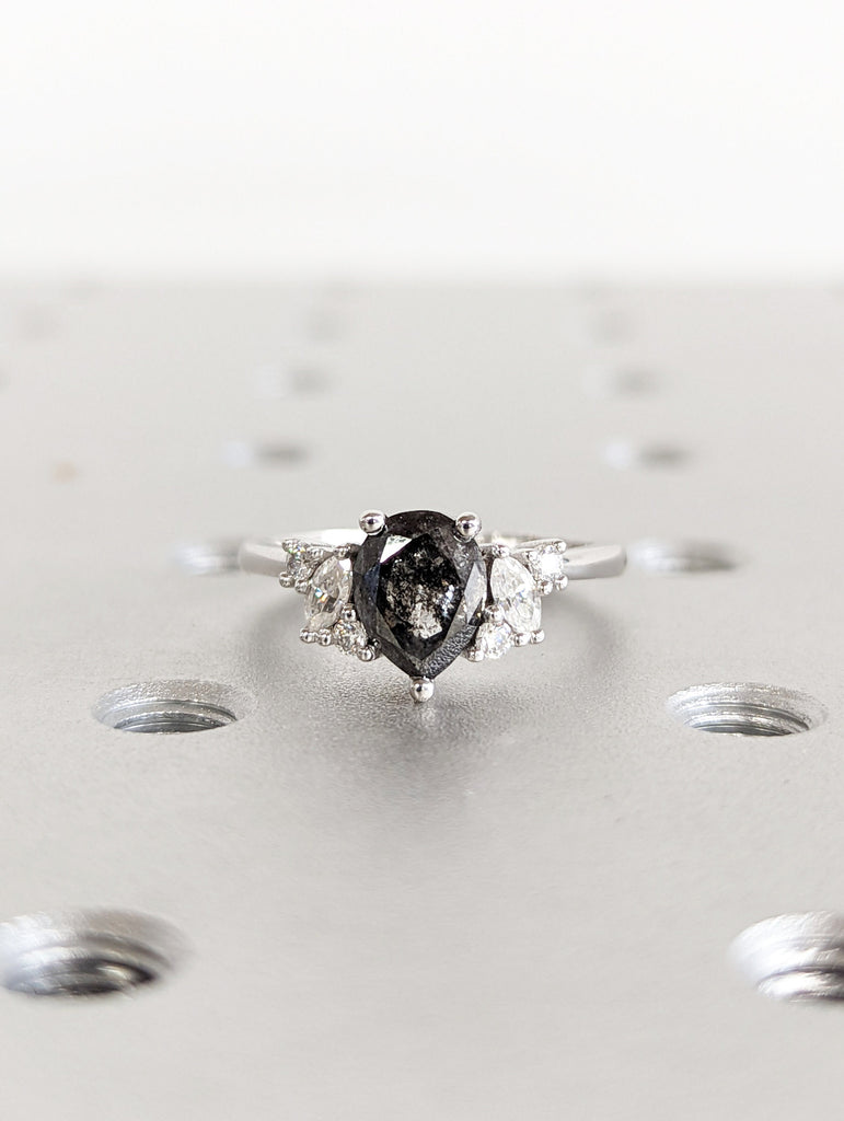 1.25ct Raw Salt and Pepper Diamond, Pear Diamond Ring, Unique Engagement Bridal Ring, Black, Gray Pear, 14k Yellow, Rose, or White Gold