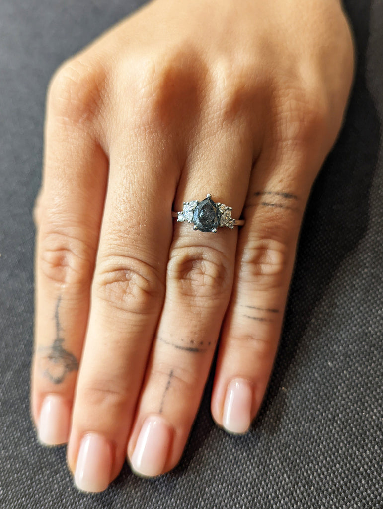 1.25ct Raw Salt and Pepper Diamond, Pear Diamond Ring, Unique Engagement Bridal Ring, Black, Gray Pear, 14k Yellow, Rose, or White Gold
