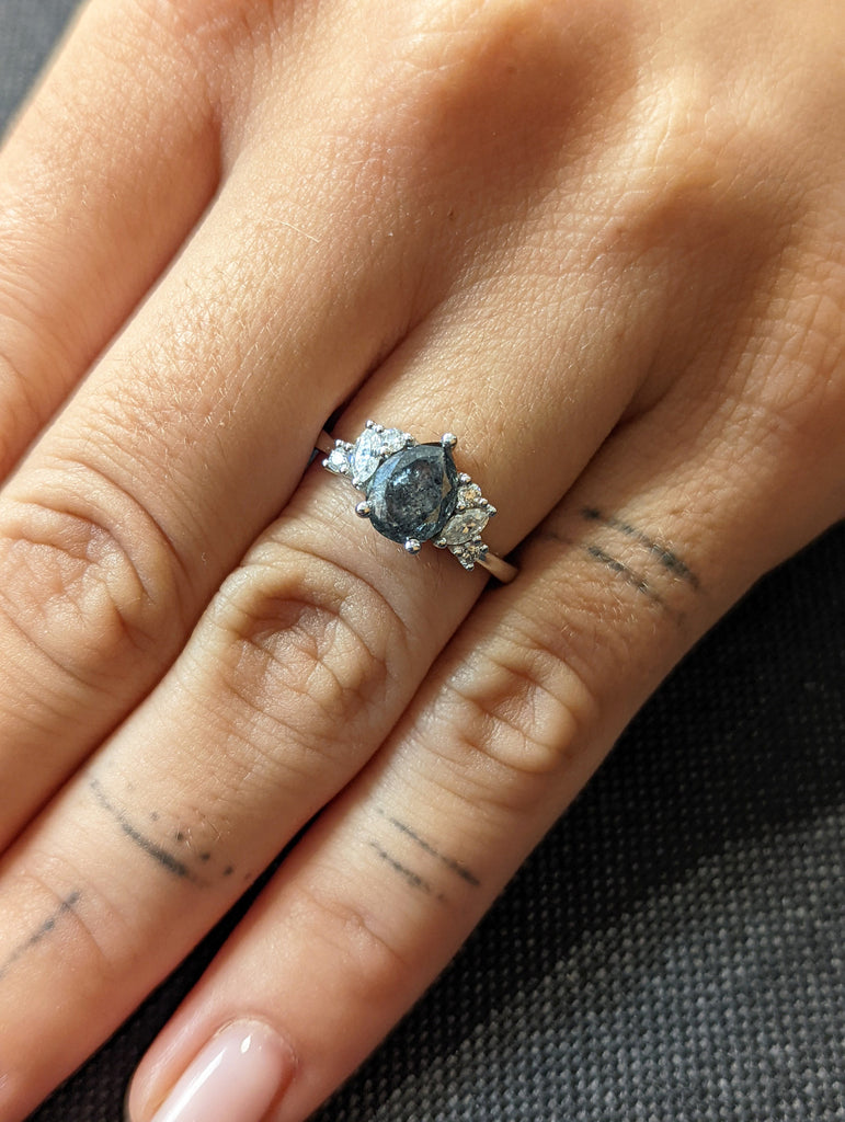 1.25ct Raw Salt and Pepper Diamond, Pear Diamond Ring, Unique Engagement Bridal Ring, Black, Gray Pear, 14k Yellow, Rose, or White Gold