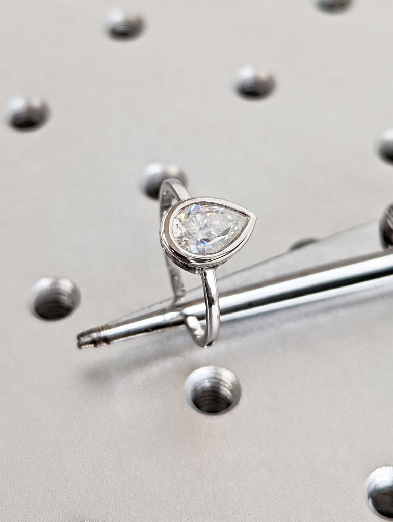 Moissanite Engagement ring Pear shaped Solitaire engagement ring bezel set Bridal Minimalist Anniversary Promise ring