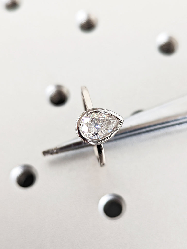 Moissanite Engagement ring Pear shaped Solitaire engagement ring bezel set Bridal Minimalist Anniversary Promise ring