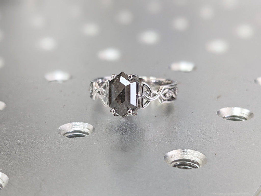 Unique Hexagon Diamond Vintage Celtic Engagement Ring Bridal Set, Salt And Pepper Diamond Hexagon Shaped Set, Twisted Engagement Ring