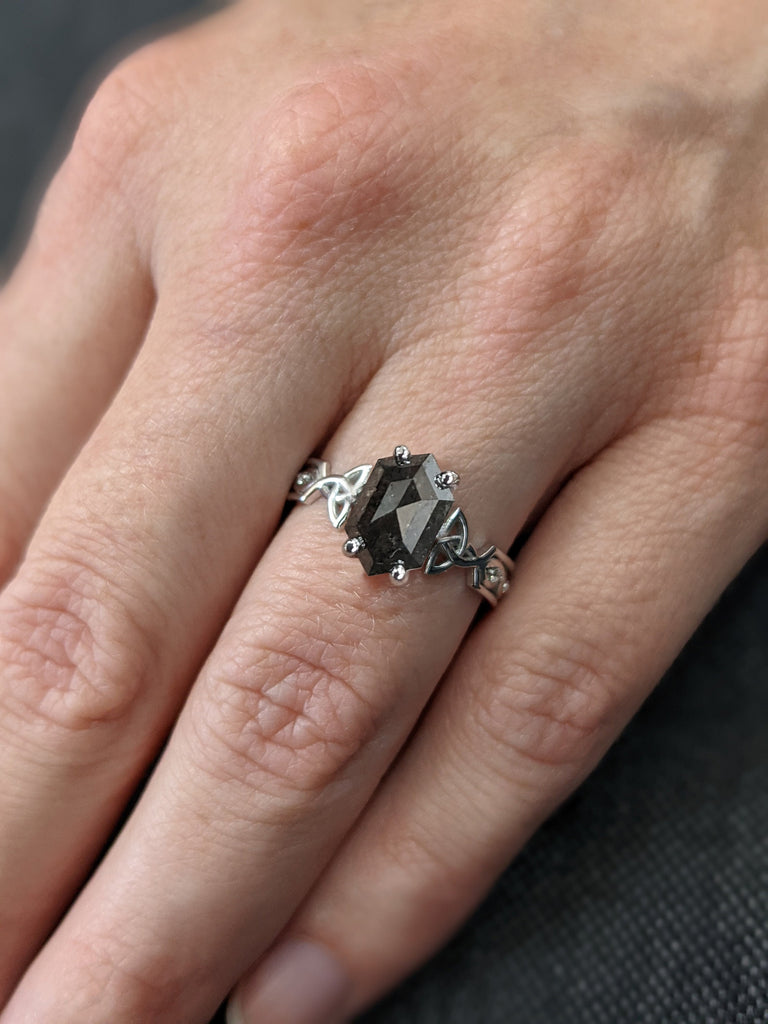 Unique Hexagon Diamond Vintage Celtic Engagement Ring Bridal Set, Salt And Pepper Diamond Hexagon Shaped Set, Twisted Engagement Ring