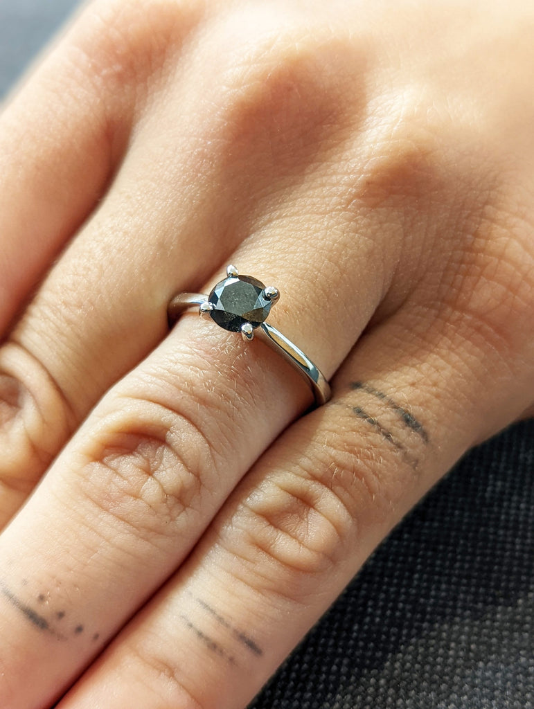 White Gold Raw Salt and Pepper Diamond, Full Cut Round Diamond Ring, Unique Engagement, Black, Gray Round, 14k Yellow, Rose, or White Gold