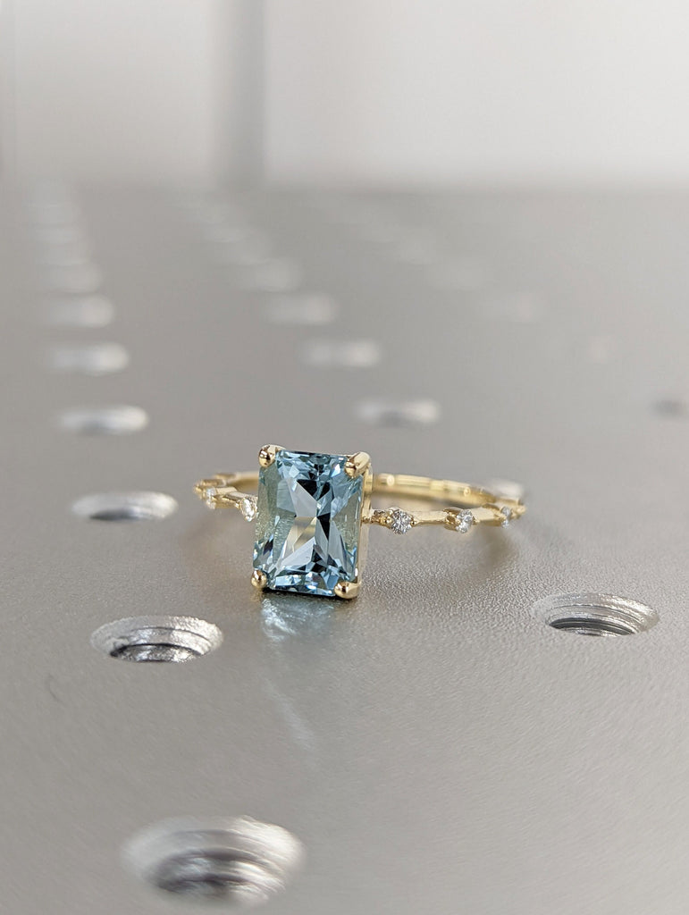 Unique Aquamarine Ring, Elegant Engagement Ring, Blue Promise Ring, 14k Radiant Cut Aquamarine Ring, Anniversary Birthday Gift For Her