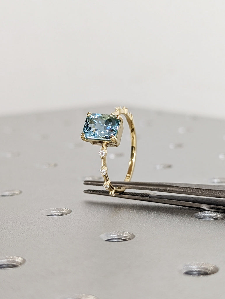 Unique Aquamarine Ring, Elegant Engagement Ring, Blue Promise Ring, 14k Radiant Cut Aquamarine Ring, Anniversary Birthday Gift For Her