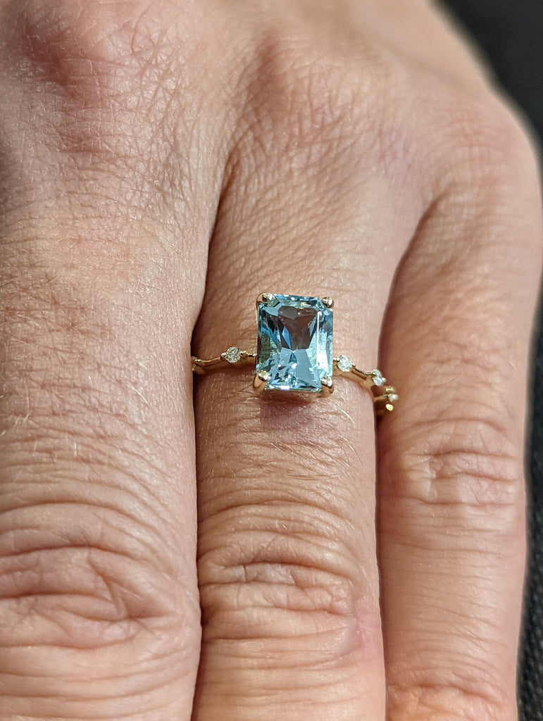 Unique Aquamarine Ring, Elegant Engagement Ring, Blue Promise Ring, 14k Radiant Cut Aquamarine Ring, Anniversary Birthday Gift For Her