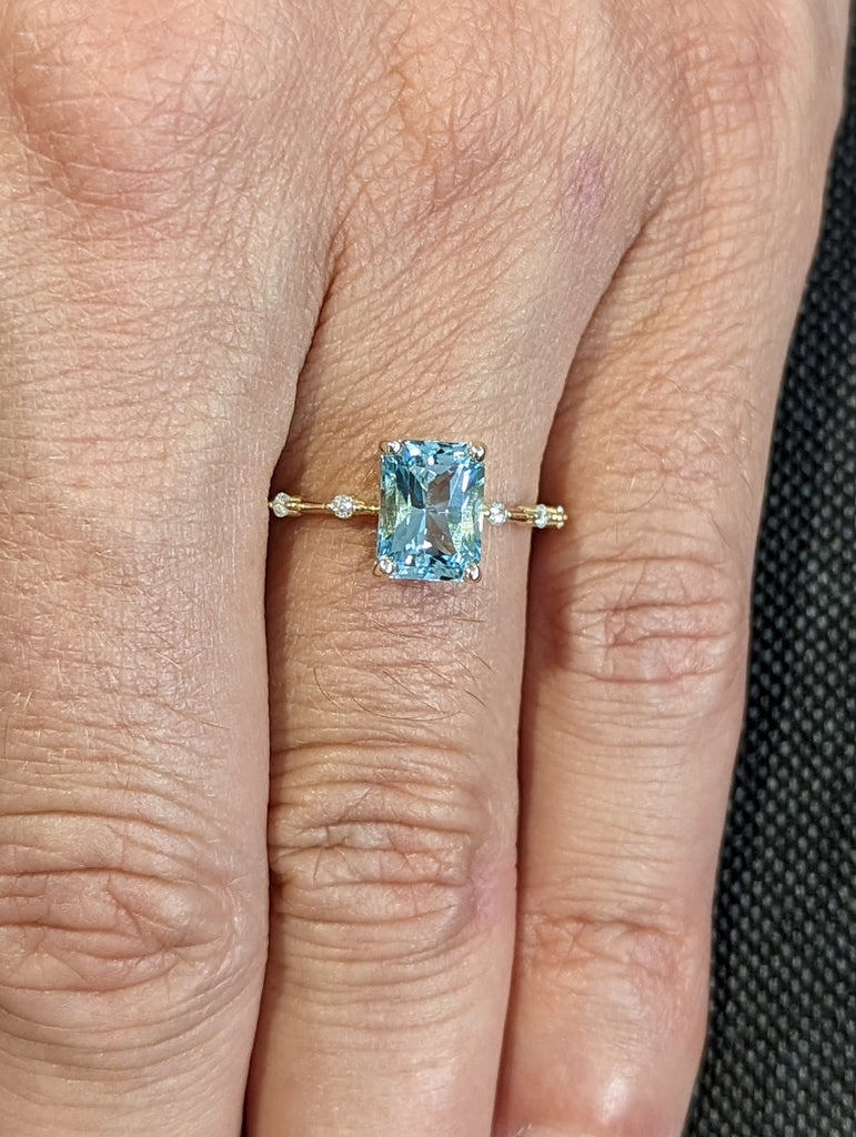 Unique Aquamarine Ring, Elegant Engagement Ring, Blue Promise Ring, 14k Radiant Cut Aquamarine Ring, Anniversary Birthday Gift For Her