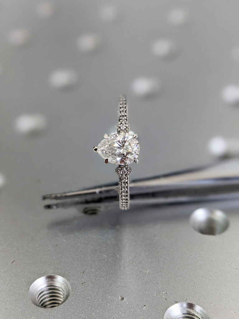 Vintage Moissanite Engagement Ring Set White Gold Pear Shaped Cluster Moissanite Bridal Set Art Deco Milgrain Moissanite Wedding Ring Set