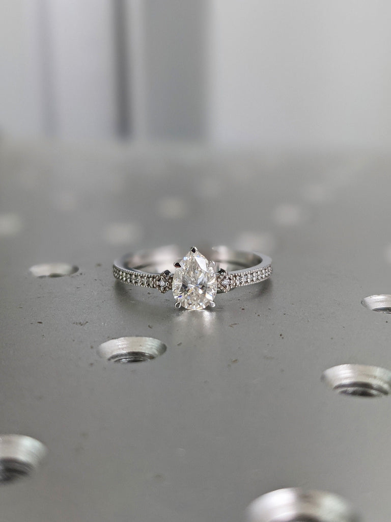 Vintage Moissanite Engagement Ring Set White Gold Pear Shaped Cluster Moissanite Bridal Set Art Deco Milgrain Diamond Wedding Ring Set