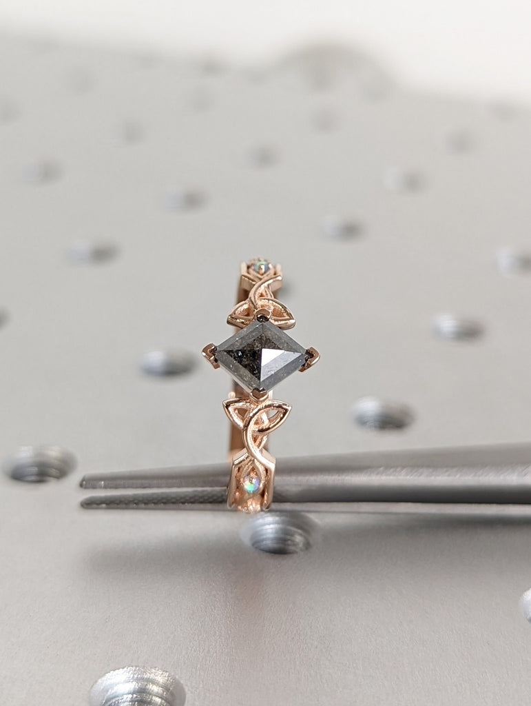 Unique Kite Diamond Vintage Celtic Engagement Ring Bridal Set, Salt And Pepper Diamond Kite Shaped Set, Twisted Engagement Ring Bridal Set