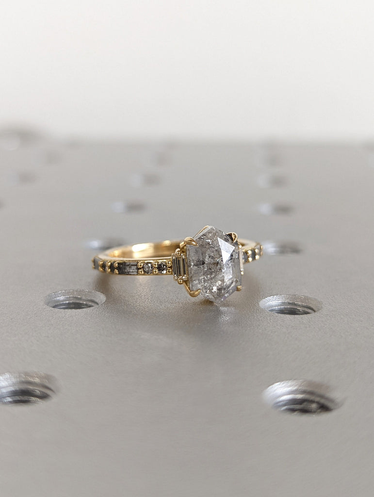 Raw Diamond Hexagon Baguette Diamond, Salt and Pepper, Unique Engagement Ring, Rose Cut Geometric Diamond Ring, 14k Gold, Custom Handmade