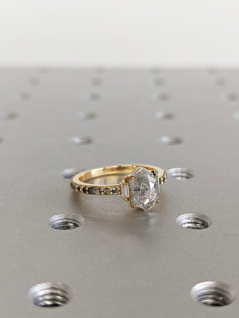 Raw Diamond Hexagon Baguette Diamond, Salt and Pepper, Unique Engagement Ring, Rose Cut Geometric Diamond Ring, 14k Gold, Custom Handmade