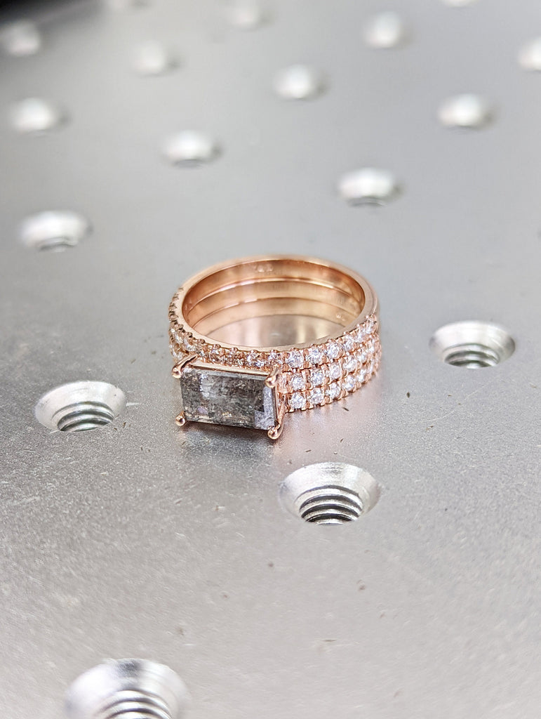 Raw Diamond, Salt and Pepper, Baguette, Unique Engagement Ring, Bridal Set, Rose Cut Geometric Diamond Ring, 14k Gold, Custom Handmade