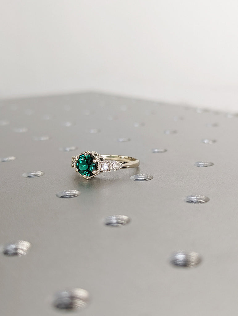 Emerald ring vintage emerald engagement ring 14k white gold ring gift unique antique wedding promise anniversary ring for her