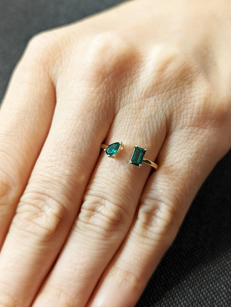 Emerald and Pear Cut Ring / Emerald Cuff Ring / 14k Gold Emerald Ring / Pear Shape Ring / Open Design Ring