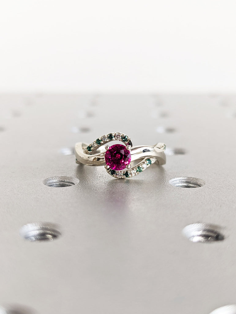 Ruby Engagement Ring, Diamond And Emerald Ring Ruby Ring, Spiral Engagement Ring White Gold Ruby Ring, Leaf Ring, Nature Ring