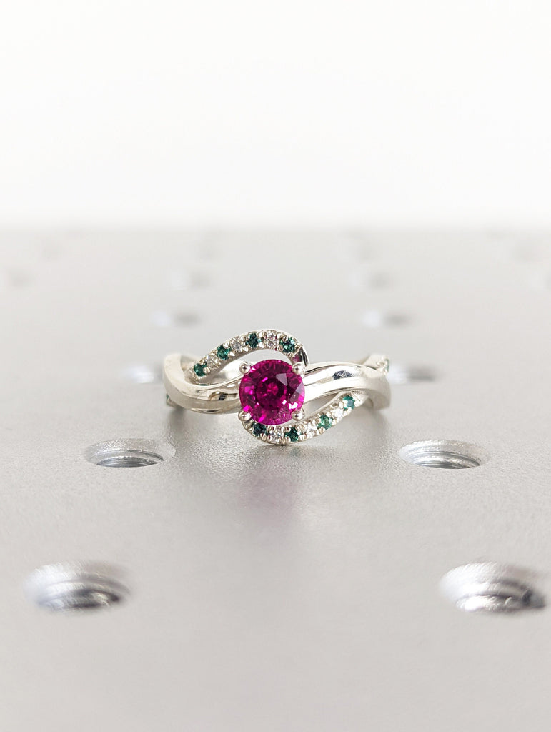 Ruby Engagement Ring, Diamond And Emerald Ring Ruby Ring, Spiral Engagement Ring White Gold Ruby Ring, Leaf Ring, Nature Ring