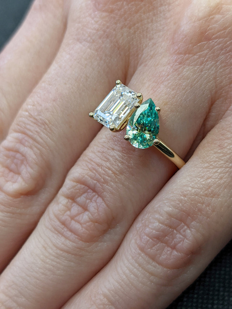 Pear And Emerald Cut Toi Et Moi Moissanite Ring / Green Pear Moissanite Engagement Ring / Yellow Gold Anniversary Ring / Two Stone Ring