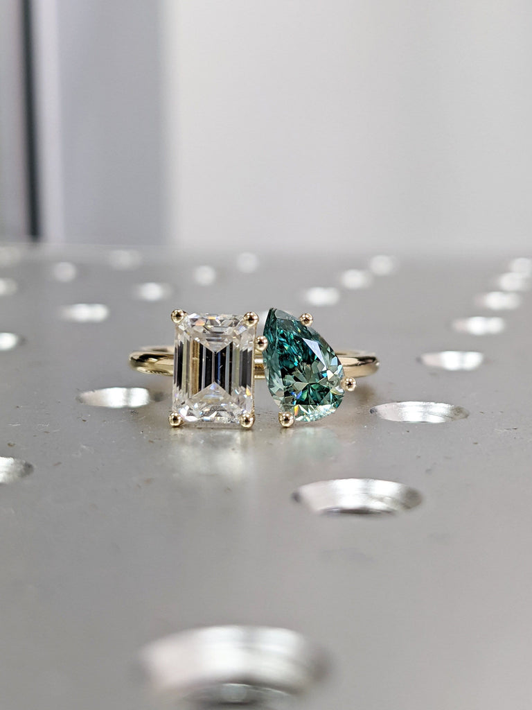 Pear And Emerald Cut Toi Et Moi Moissanite Ring / Green Pear Moissanite Engagement Ring / Yellow Gold Anniversary Ring / Two Stone Ring