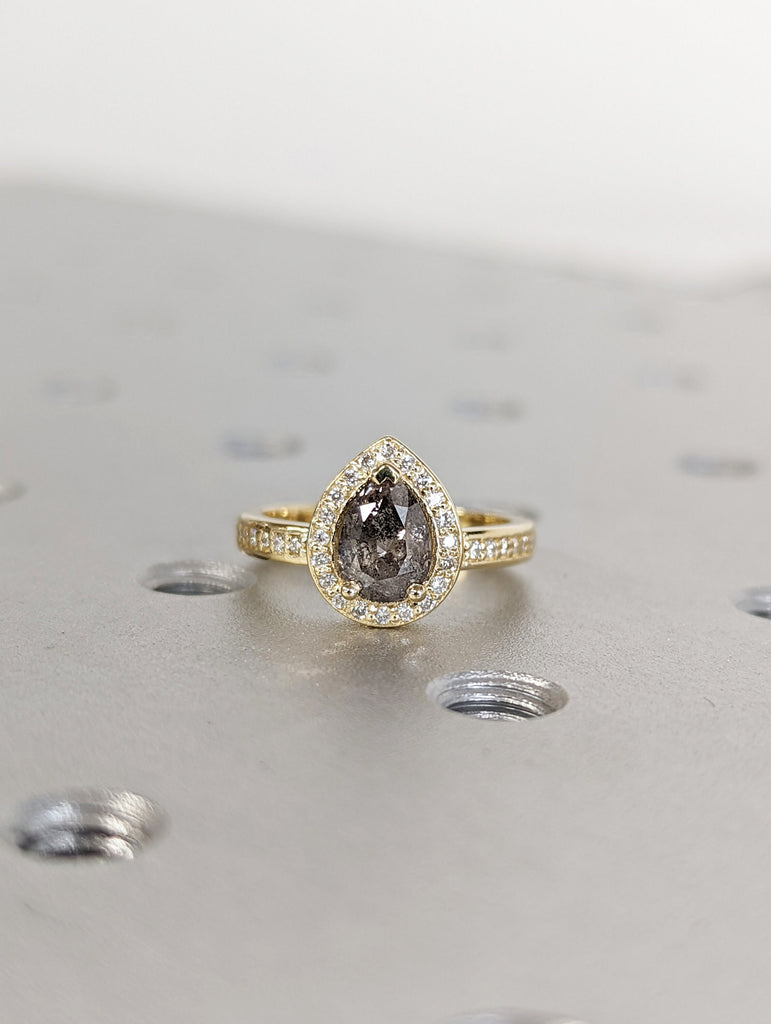 1920's Raw Salt and Pepper Diamond Halo, Pear Diamond Halo Ring, Unique Engagement Bridal Ring, Black, Gray Pear, 14k Yellow Rose White Gold