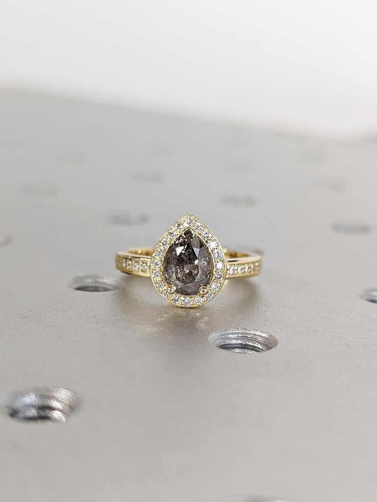 1920's Raw Salt and Pepper Diamond Halo, Pear Diamond Halo Ring, Unique Engagement Bridal Ring, Black, Gray Pear, 14k Yellow Rose White Gold