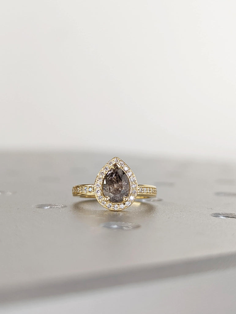 1920's Raw Salt and Pepper Diamond Halo, Pear Diamond Halo Ring, Unique Engagement Bridal Ring, Black, Gray Pear, 14k Yellow Rose White Gold