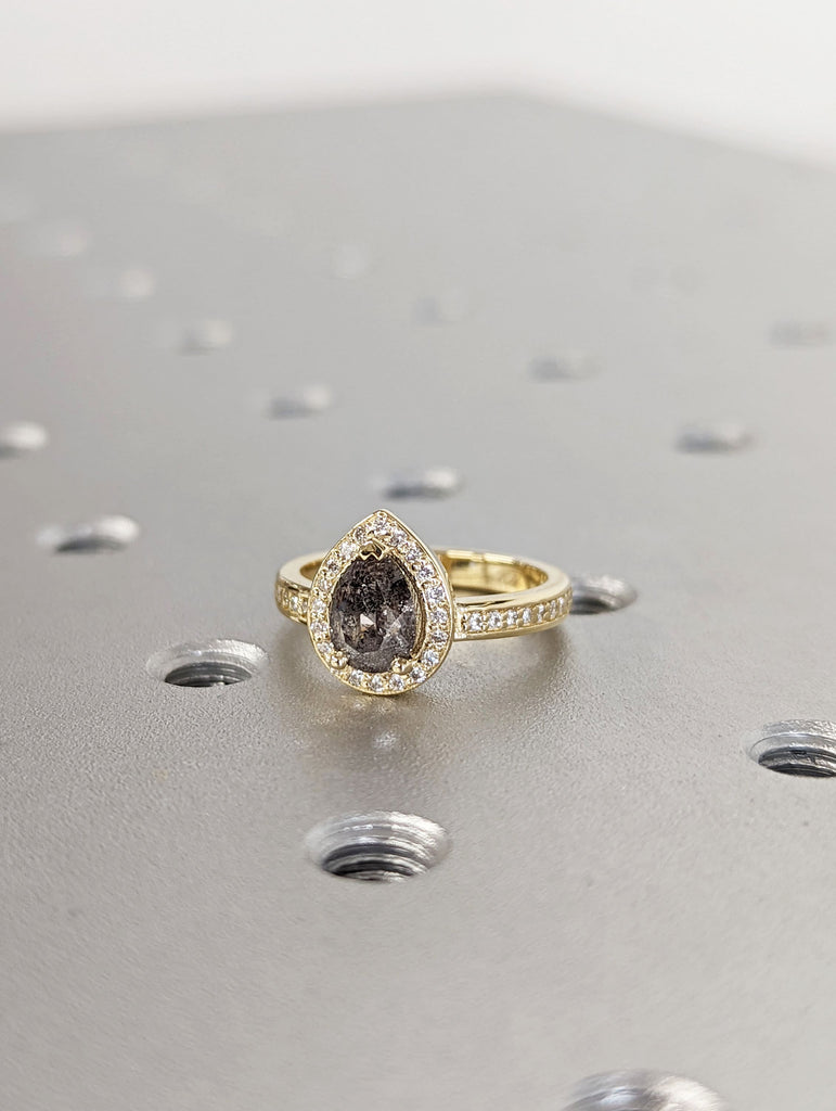 1920's Raw Salt and Pepper Diamond Halo, Pear Diamond Halo Ring, Unique Engagement Bridal Ring, Black, Gray Pear, 14k Yellow Rose White Gold