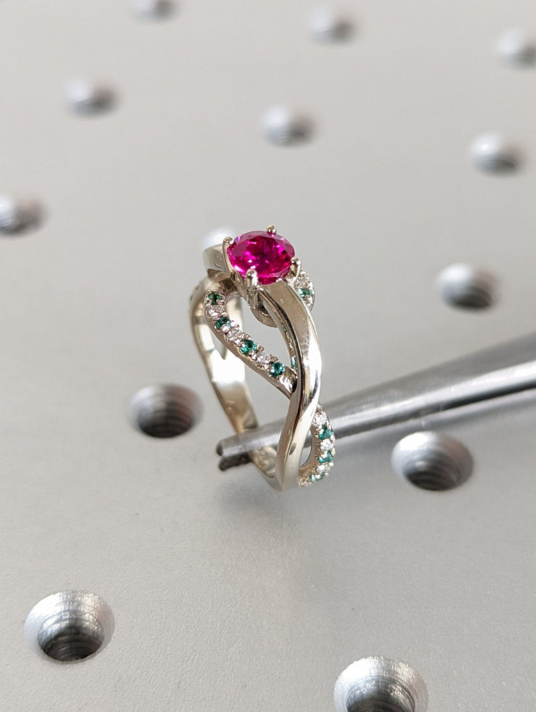 Ruby Engagement Ring, Diamond And Emerald Ring Ruby Ring, Spiral Engagement Ring White Gold Ruby Ring, Leaf Ring, Nature Ring