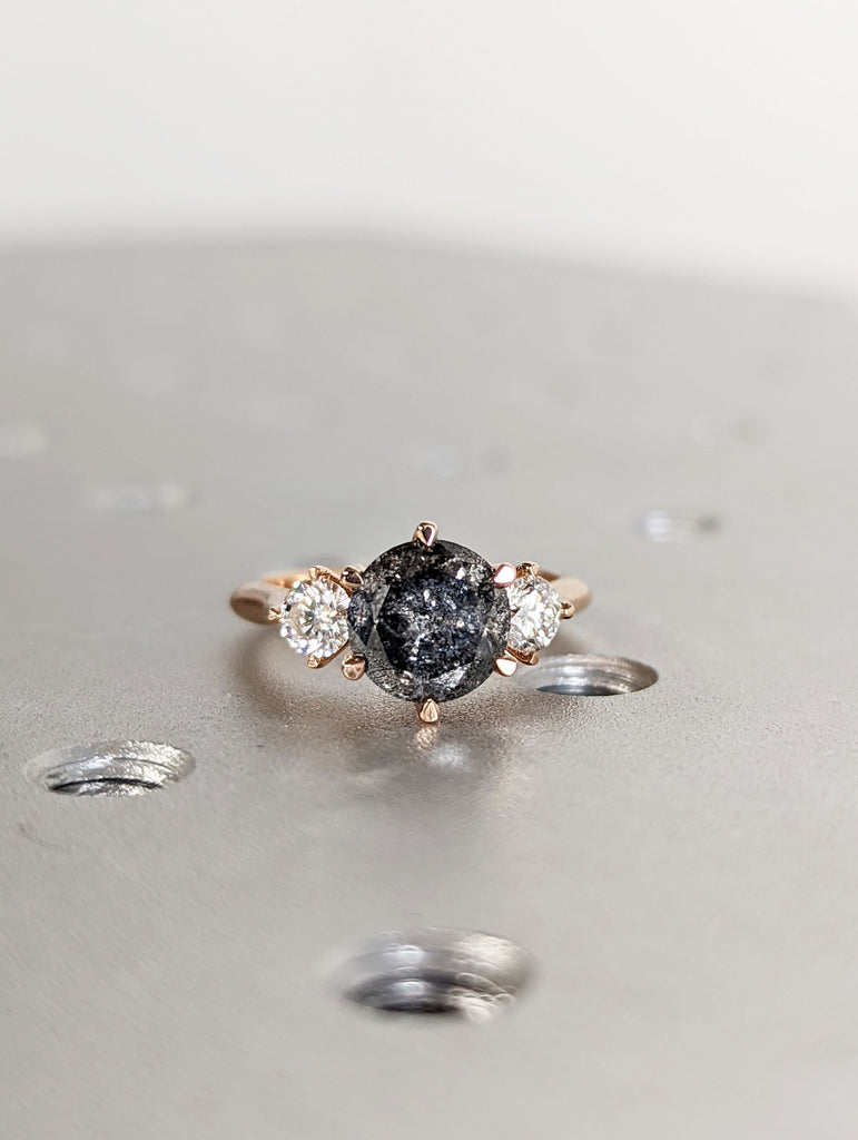 1.5 Carat 1920's Raw Salt and Pepper Diamond, Round Diamond Ring, Unique Engagement Bridal, Black, Gray Pear, 14k Yellow, Rose White Gold