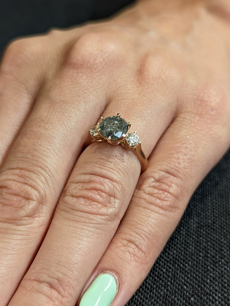 1.5 Carat 1920's Raw Salt and Pepper Diamond, Round Diamond Ring, Unique Engagement Bridal, Black, Gray Pear, 14k Yellow, Rose White Gold